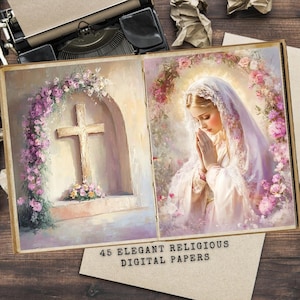 Elegante religieuze junk Journal Kit, serene Maagd Maria in gebed, aanbidding en geloof zachte roze rozen, spirituele kunst, geloof katholiek, kerk