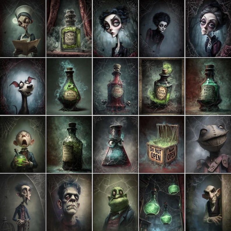 May include: A collection of digital art featuring characters and potion bottles with labels like "Frog Potion" and "Magic Spell." The art has a dark, gothic theme with a cartoonish style, showcasing a variety of expressions and eerie settings.