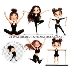 Clipart de ginástica em aquarela, arte digital para crianças, acrobacias para meninas, gráficos esportivos para impressão, diversão de aniversário, download instantâneo
