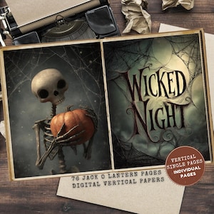Peut inclure: Un ensemble de papiers numériques sur le thème d'Halloween. Le panneau de gauche présente un squelette tenant une citrouille. Le panneau de droite affiche "Wicked Night" dans une police effrayante. Le texte comprend "76 Jack O Lantern Pages" et "Digital Vertical Papers."