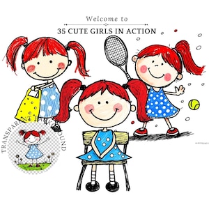 Cute Girls in Action, Digital Download for Kids, Watercolor Gymnastics Clipart, Acrobatics Art, Birthday Decor, Girls in School, Doodle Girl