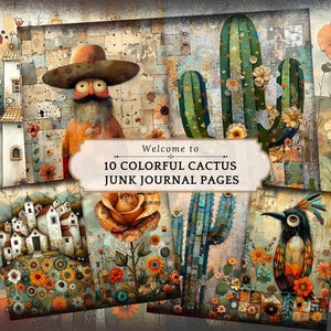 Páginas coloridas de diario basura de cactus, papel de álbum de recortes digital, imprimible en México, hoja de collage floral, papel de técnica mixta, páginas de fiesta mexicana