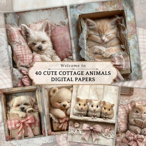 Graziosi animali vintage da cottage con fiocco in pizzo rosa, carta digitale per diari spazzatura, scrapbooking, amanti dei libri, amanti dei gatti, stile vittoriano
