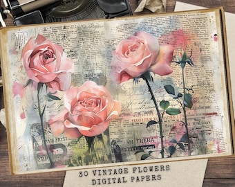 May include: A digital paper pack featuring 30 vintage floral designs. The paper features watercolour pink roses with green stems and leaves on a background of old newspaper text and handwriting.
