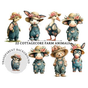 Clipart animaux de la ferme sous licence commerciale, mignon aquarelle PNG Bundle pour décoration de chambre d'enfant, téléchargement numérique, salopette florale animaux Cottagecore