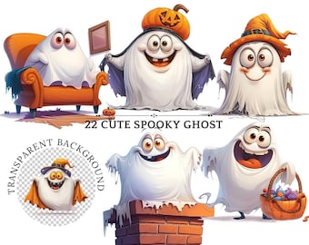 22 cliparts fantômes effrayants PNG : graphiques de dessins animés d'Halloween (téléchargement numérique)