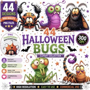 May include: A digital clipart collection titled 44 Halloween Bugs featuring cartoon illustrations of various insects including a ladybug, purple worm, fuzzy black creature, green insect, and orange striped scorpion with stars and bats.