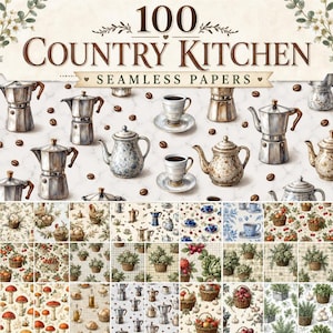 Może przedstawiać: Cyfrowa kolekcja 100 bezszwowych papierów Country Kitchen zawierająca ilustracje kawiarek, czajników, filiżanek do kawy oraz różnych produktów spożywczych, takich jak grzyby, owoce i warzywa, ułożonych w siatkę wzorzystych projektów.