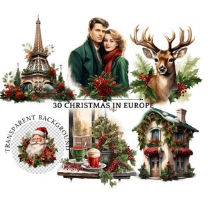 Natal na Europa Clipart | Natal romântico em Paris Torre Eiffel, Tema de férias vermelho e verde, Flores de Natal, Papai Noel, Boneco de neve, PNG