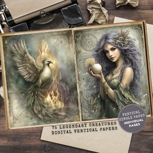 May include: An open book with two fantasy illustrations. One shows a phoenix in flames, the other a woman with grey hair holding a sphere. Text reads "75 Legendary Creatures Digital Vertical Papers" and "Vertical Single Pages Individual Pages."