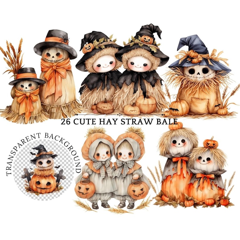 26 Cute Hay Straw Bale Scarecrow Clipart Halloween Fall Harvest Decor