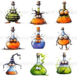 May include: A collection of nine whimsical, cartoon-style potion bottles with cork stoppers. Each bottle features a different color of liquid, such as green, orange, and blue, and has expressive, googly eyes. Some bottles have hats or striped designs.
