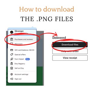 May include: Screenshot of an Etsy account menu with the option to download files highlighted. The menu includes options for purchases and reviews, messages, gift card balance, special offers, your impact, Etsy Registry, sell on Etsy, account settings, and sign out.