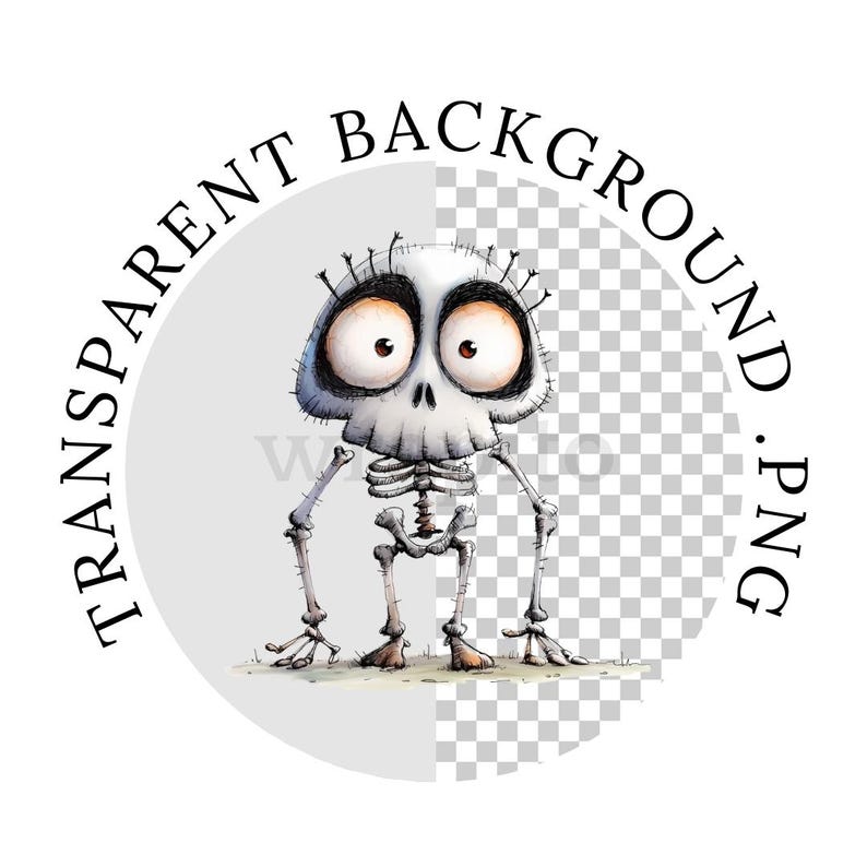May include: A cartoon skeleton with a skull head and large eyes. The skeleton is standing with its arms outstretched. The image has a transparent background.