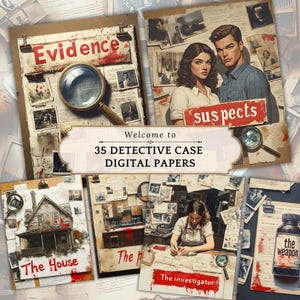 Detective Junk Journal Digital Papers, Mystery Crime Scene Scrapbook-achtergrond met vintage detectiveillustraties voor ambachtelijke projecten