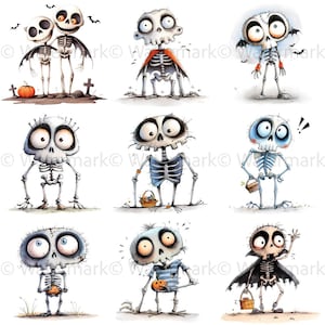 May include: Nine illustrations of cartoon skeletons in various poses. Some skeletons are holding pumpkins, baskets, and candy. One skeleton is wearing a cape. The skeletons are drawn in a whimsical style with black outlines and watercolor washes.