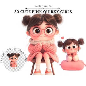 Clipart mignon filles insolites roses, rentrée des classes, fille insolite pour des autocollants, jolie fille fantaisiste, scrapbooking filles, jolie poupée, fille rose