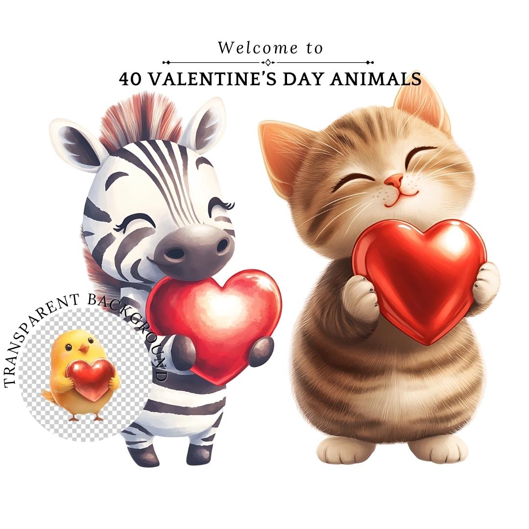 Cute Valentine's Day Animal Clipart - Watercolor PNG Bundle - Commercial Use - Digital Download - Happy Valentine's Day Animals Clipart