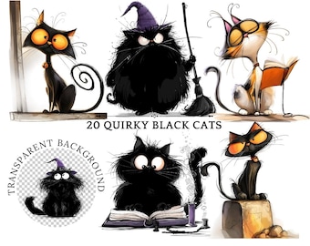 Quirky Black Cats Clipart Set: Funny Halloween PNG Images (Digital Download)
