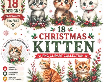 Christmas Kitten Clipart: Hand-Drawn Holiday Cat PNG Transparent (Digital Download)