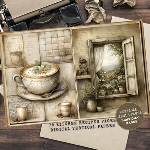 May include: A digital cookbook with a vintage aesthetic. The open book features a detailed illustration of a coffee cup, a window with a view, and the text "78 Kitchen Recipes Pages Digital Vertical Papers". The overall colour palette is warm and inviting.