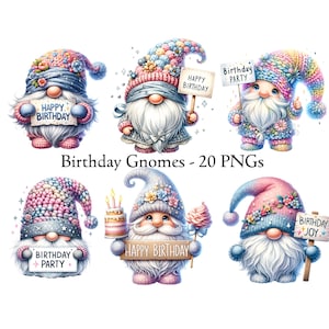 Birthday Gnome Clipart, Cute Gnome PNG, Watercolor Gnome Illustrations, Digital Download for Crafts, Pink Birthday Gnome Clipart, Birthday