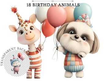 May include: A giraffe and a Shih Tzu wearing party hats and holding colorful balloons. The text "Welcome to 18 Birthday Animals" is at the top of the image.