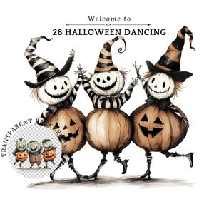 Halloween Dancing Pumpkin Characters Clipart for T-Shirt, Funny Spooky Illustration, Cartoon Halloween Art, Vintage, Instant Download