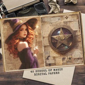 Elegante Witchy Junk Journal Kit, school voor magie, mooie tovenares, magische grimoire, spreukenboek, mystieke artefacten voor Spellcaster Digital