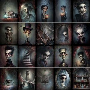 May include: A collection of 16 gothic-style portraits, each featuring a unique, stylized character with exaggerated features. The color palette is dominated by dark blues, grays, and reds, with cobwebs and dramatic lighting adding to the eerie atmosphere. The portraits are reminiscent of a spooky, vintage aesthetic.