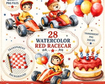 Watercolor Red Racecar Clipart: Racing Car Transparent PNG (Digital Download, 7x7in)
