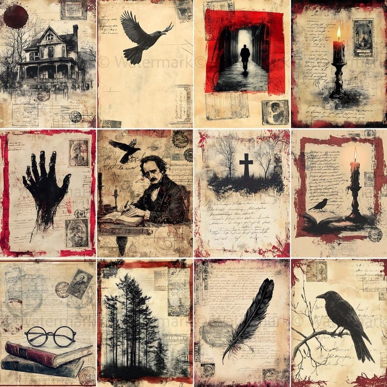 40 Junk Journal Kit Edgar Allan Poe the Raven Victorian Gothic Fall
