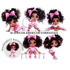 Afroamerikaner Aquarell Gymnastik Clipart, digitale Kinder Kunst, Mädchen Akrobatik Grafiken, druckbare Geburtstags-Party Dekoration
