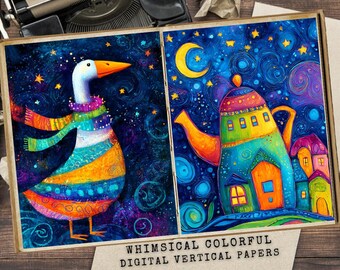 Whimsical Colorful Junk Journal Papers: Mixed Media Collage (Digital Download)