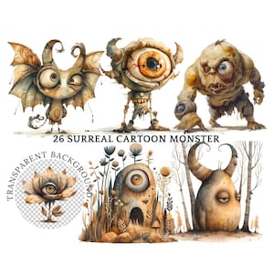 Ensemble de cliparts monstre dessin animé surréaliste, créatures fantastiques aquarelles haute définition, personnages fantaisistes d'Halloween, art numérique, scrapbooking