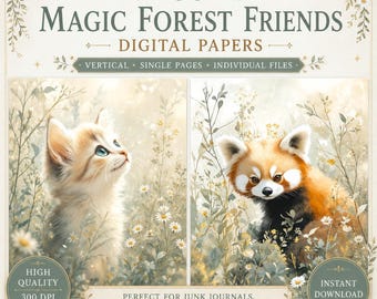 May include: A digital paper set titled 36 Magic Forest Friends featuring illustrations of a kitten and a red panda in a field of daisies. The text reads 36 Magic Forest Friends Digital Papers, High Quality 300 DPI JPG, and Instant Download.