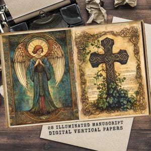 May include: An open book with two illustrated pages. One page features an angel with a halo and wings, the other a Celtic cross. The text "28 Illuminated Manuscript Digital Vertical Papers" is at the bottom.