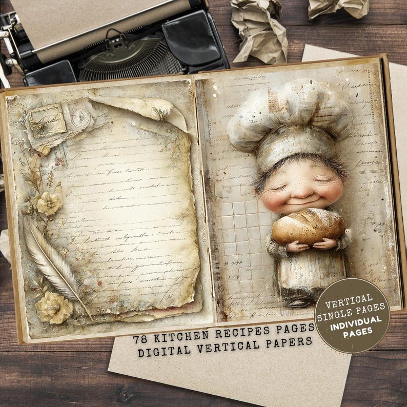 May include: Open cookbook with vintage-style pages. One page features a whimsical illustration of a smiling chef holding bread. The other page has aged paper with script and floral accents. Text reads: "78 Kitchen Recipes Pages Digital Vertical Papers."
