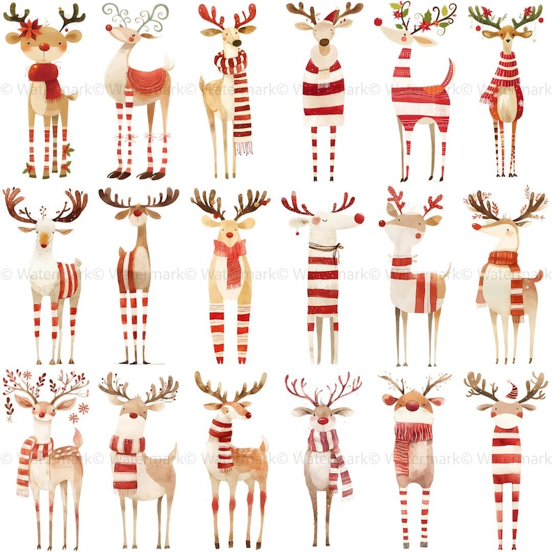 Watercolor Reindeer Clipart: Funny Christmas PNG Graphics (digital ...
