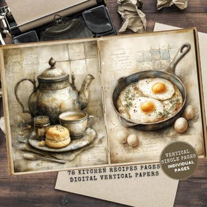May include: An open book with vintage kitchen illustrations. One page features a teapot, teacup, and scone. The other shows fried eggs in a pan. Text reads "78 Kitchen Recipes Pages Digital Vertical Papers."