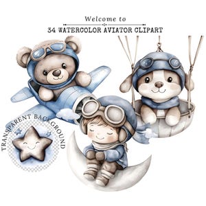 Aquarell Flieger Clipart | Niedliche Pilot Boy Designs | Kinderzimmer Kunst für Babypartys | Sofortdownload | Blau-brauner Pilot Bär