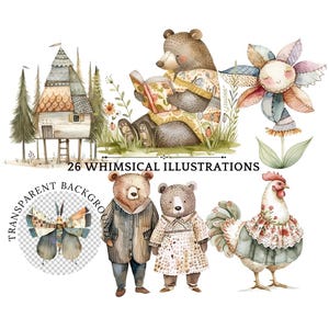 Ensemble minimaliste de cliparts animaux aquarelle fantaisiste, ours lisant, canard en robe et maison en patchwork, pour projets sur le thème de la nature, publicité