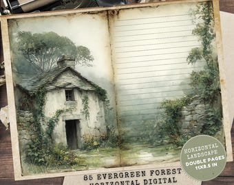 Evergreen Forest Junk Journal Fillers Papers: Cabin Lined Pages (Digital Download, LANDSCAPE Pages)