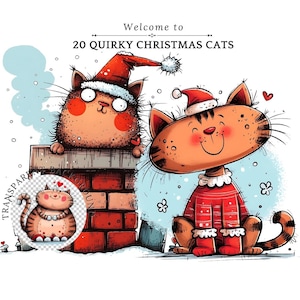 Schrullige Weihnachtskatzen Clipart - Lustige Weihnachtsgrafiken - Aquarell Katzen PNG - Digitaler Download - Aquarell Schrullige Katze Clipart - PNG