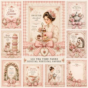 Kit de diario de recortes para la hora del té, efímeros vintage para fiestas de té, papeles imprimibles para postres, páginas de collage grunge, taza y tetera.