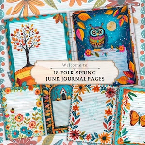 May include: 18 printable pages featuring folk art style illustrations with a spring theme. The pages include a bluebird, an owl, flowers, and a tree. The pages are designed for use in junk journals.