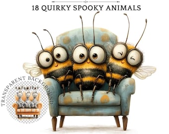 Quirky Animals Clip Art: Funny Bee Illustrations & Zebra PNG Transparent Background (Digital Download)
