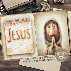 May include: An open book with a watercolor illustration of Jesus and the word "JESUS" on the left page. The right page features a cartoon-style drawing of a man with his hands clasped in prayer. The book is on a wooden surface.
