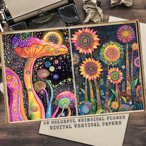 Wunderliche Blumen Junk Journal Seiten, Digital Druckbare Ephemera, Bastelbedarf, Scrapbook Papier Pack, Bunte Blumen Postkarten