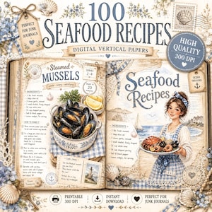 Seafood Recipe Journal Kit, Coastal Cookbook Pages, Beach Kitchen Ephemera, Fish Shellfish Printables, Summer Ocean